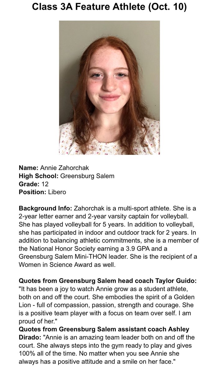 gshsvball's tweet photo. 🏐Congratulations to Annie Zahorchak for being named as a Feature Athlete this week. 🦁

🌟https://t.co/yUFNlKmIsE https://t.co/kUSWW4Mo6L