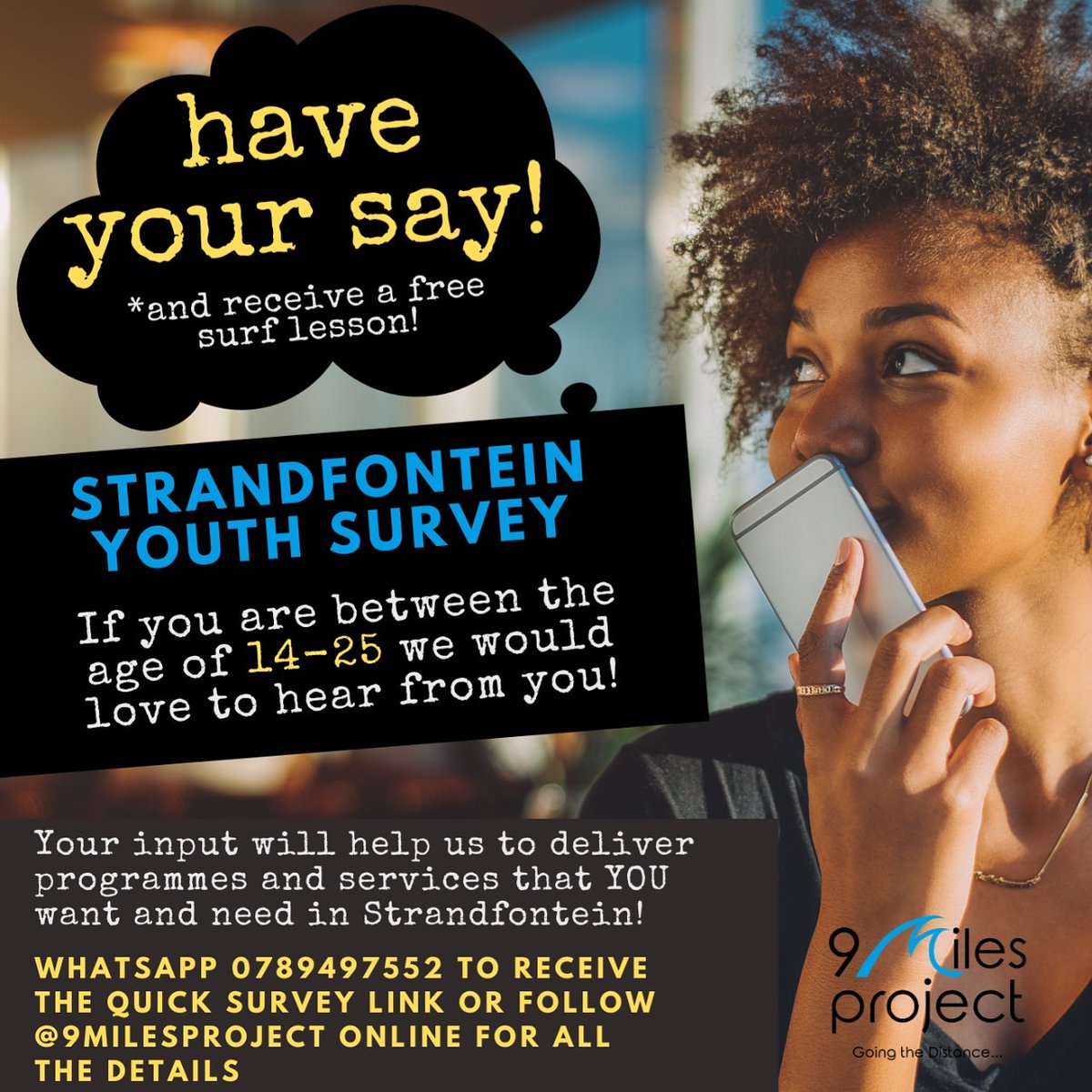 9MilesProject's tweet image. Calling all #Strandfontein youth! Have your say by completing this QUICK survey and receive a FREE Surf Lesson!

forms.gle/nEMY8jPjCgb37Z…

@parrotsix @pstrandfontein @EltonJansen1976 @CapeFlatsYMCA @Strandf_Libary @StrandfonteinCC @NACSVC