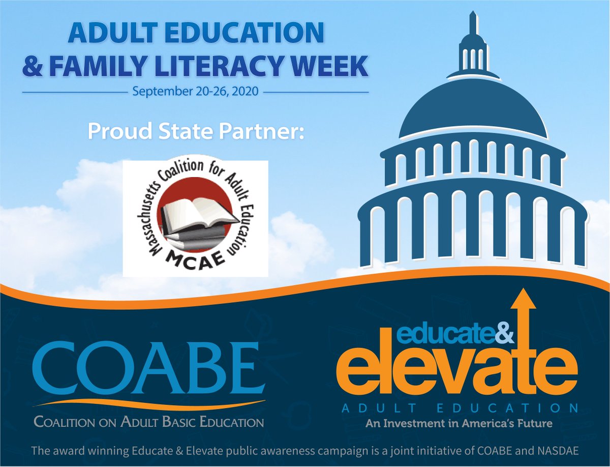 MAAdultEd's tweet photo. National Adult Education and Family Literacy Week kicks off today! Get the MCAE social media guide and other resources for #AdultEdu, #ESOL, and #workforce programs and celebrate with us all week long! https://t.co/BpieErnjNG #AdultEdLiteracyWeek https://t.co/pBmcyVVCnY