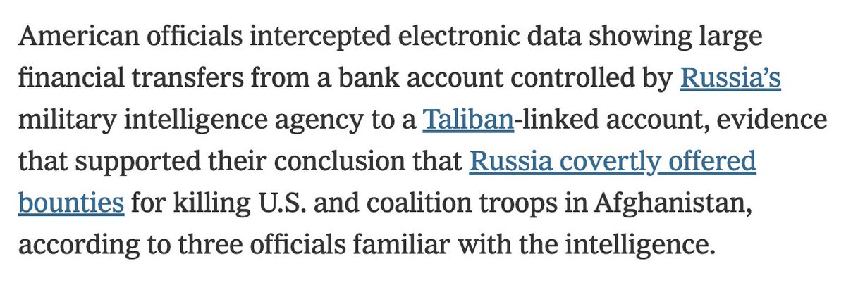 But what was the intelligence? The NYT was a lot more specific than NBC. The money, $500K, came from GRU Unit 29155, which controlled bank accounts that transferred the funds to Taliban-linked accounts: