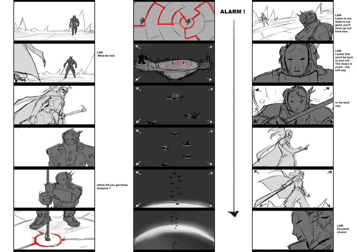 For each of our cutscenes, we wrote a synopsis and made an animated storyboard like this one (storyboard and cutscene direction by Ahmed Nasri). These helped us make the 3D versions and set the mood of the game.