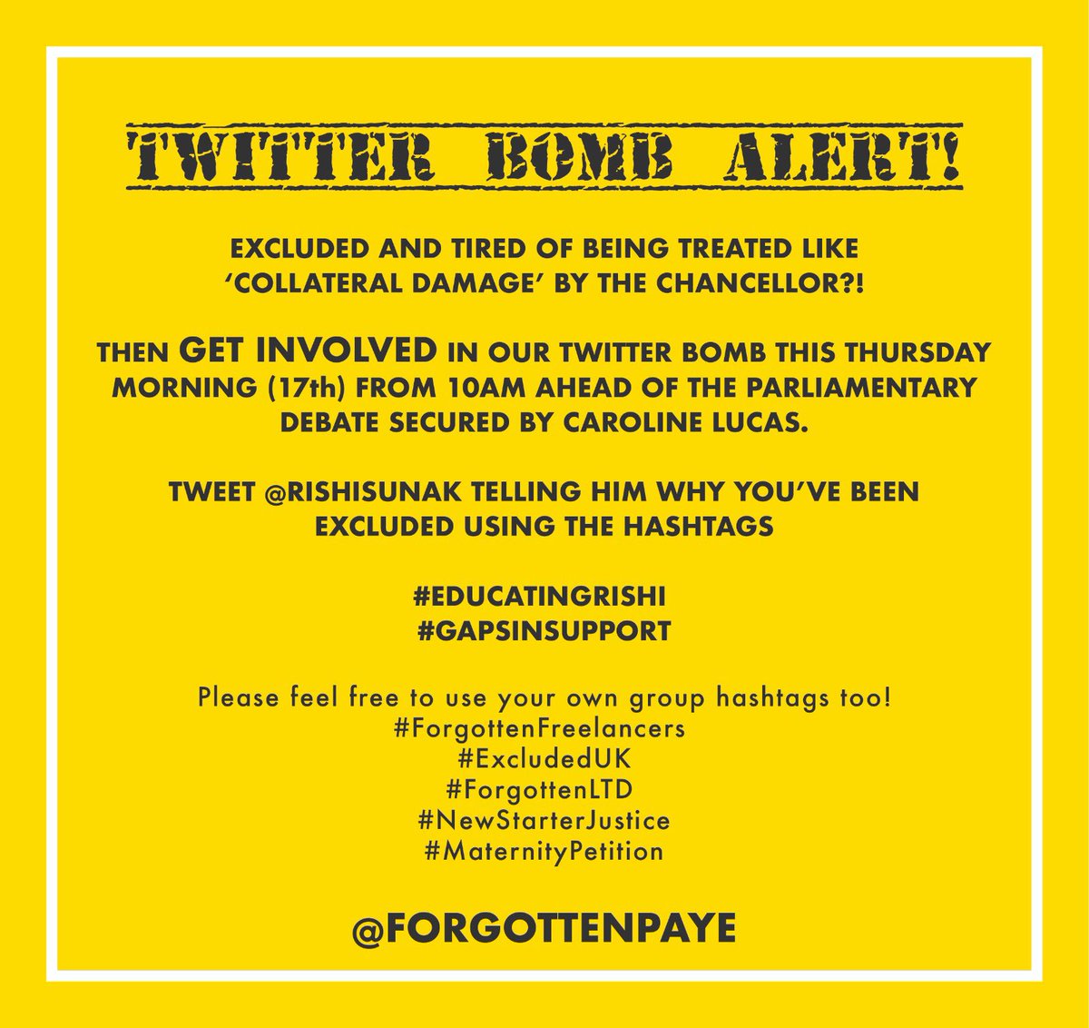 💥 TWITTER BOMB ALERT 💥        Ahead of tomorrow’s parliamentary debate secured by <a href="/CarolineLucas/">Caroline Lucas</a> please tweet (from 10am) <a href="/RishiSunak/">Rishi Sunak</a> using the hashtags #EducatingRishi &amp; #GapsInSupport telling him why you’ve been #ExcludedUK - full details in the pic 👇🏻🤗 #ForgottenFreelancers