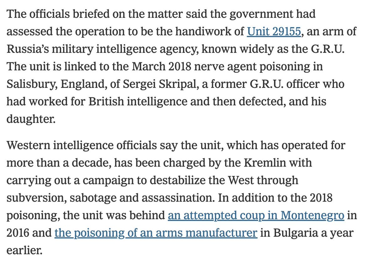 Now why did these intercepts raise alarm bells at CIA? Because of what Unit 29155 is within the GRU. They're an assassination and sabotage squad responsible for the Skripal and Gebrev poisonings, a failed coup in Montenegro and other violent acts of destabilization in Europe: