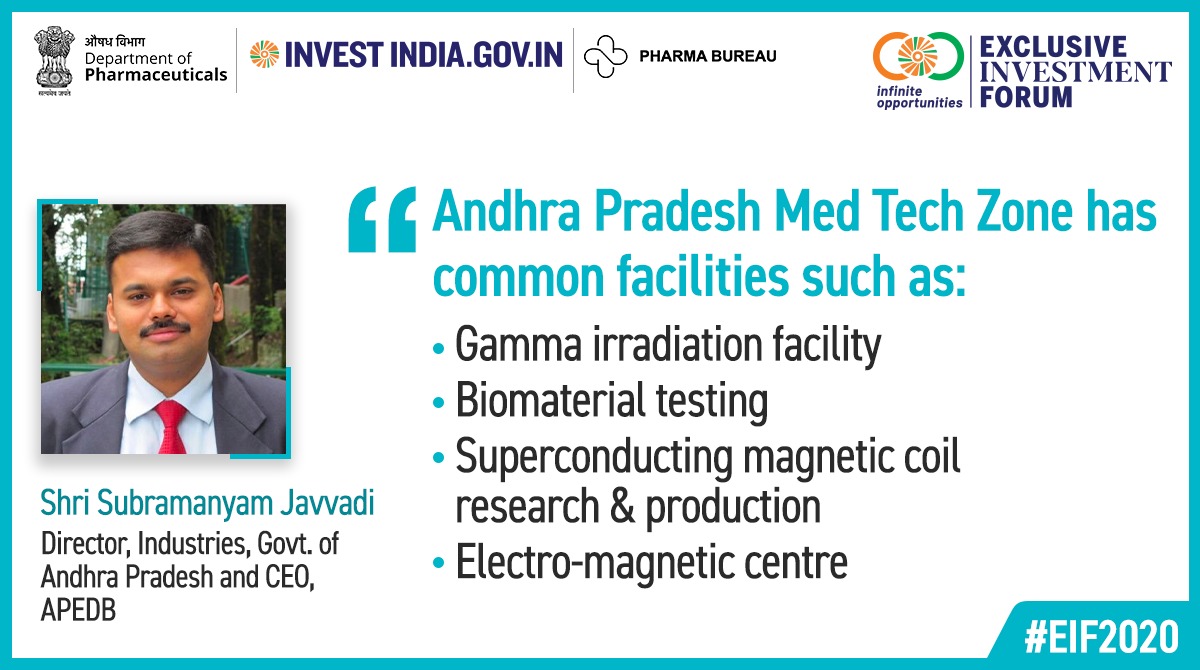 #EIF2020

Shri Subramanyam Javvadi, Director, Industries &amp; CEO, APEDB, drew attention towards the top-tier infrastructure facilities available in Andhra Pradesh's Med Tech Zone - India's first integrated medical devices ecosystem.

#InvestIndia #MakeInIndia <a href="/AP_EDB/">Andhra Pradesh Economic Development Board</a>