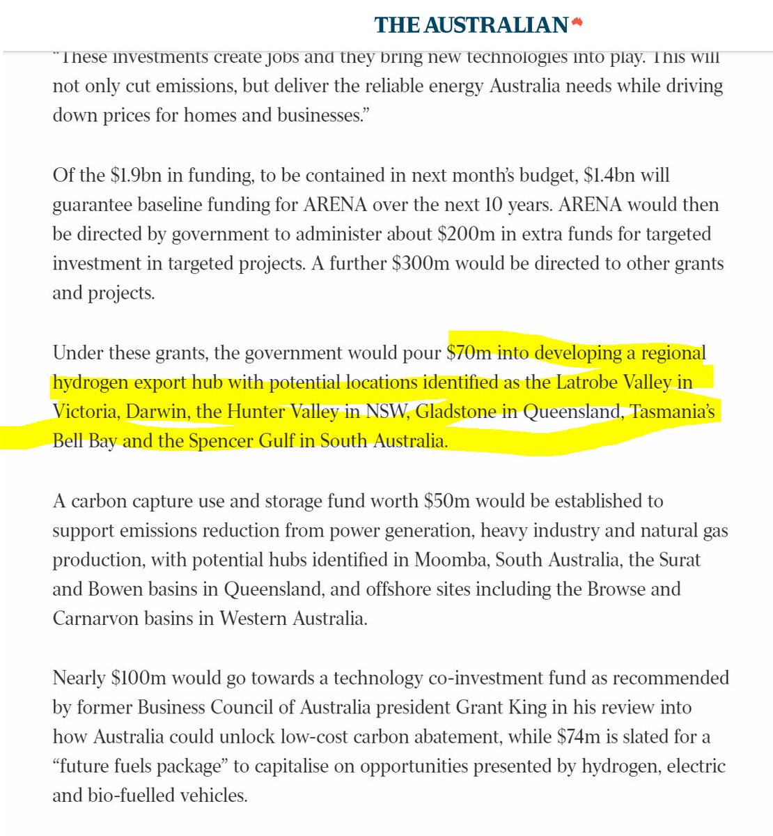 5) To do this there is $70m into developing a regional hydrogen export hub Potential locations are either brown coal, black coal or gas hubs (exception of Tas Bell Bay)!Clearly they want to use 'clean hydrogen' to save fossil fuels. https://www.theaustralian.com.au/nation/politics/power-to-change-renewable-energy-rules/news-story/c51c8a60d357d12c1ed496a1b5ecc121