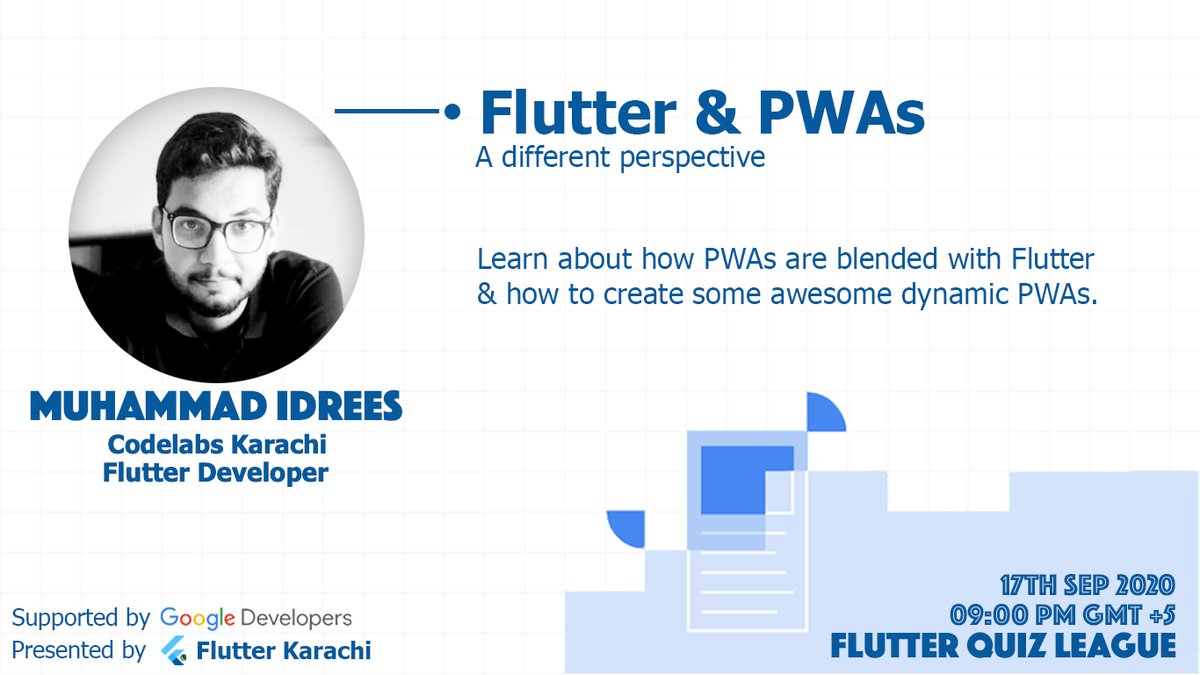 FlutterKarachi's tweet image. We have our speaker for Flutter Quiz League Day 07, Muhammad Idrees! 👨‍💻

We will be going live tomorrow at 9:00 PM GMT +5.
Facebook: facebook.com/flutterKarachi…

#FlutterQuiz