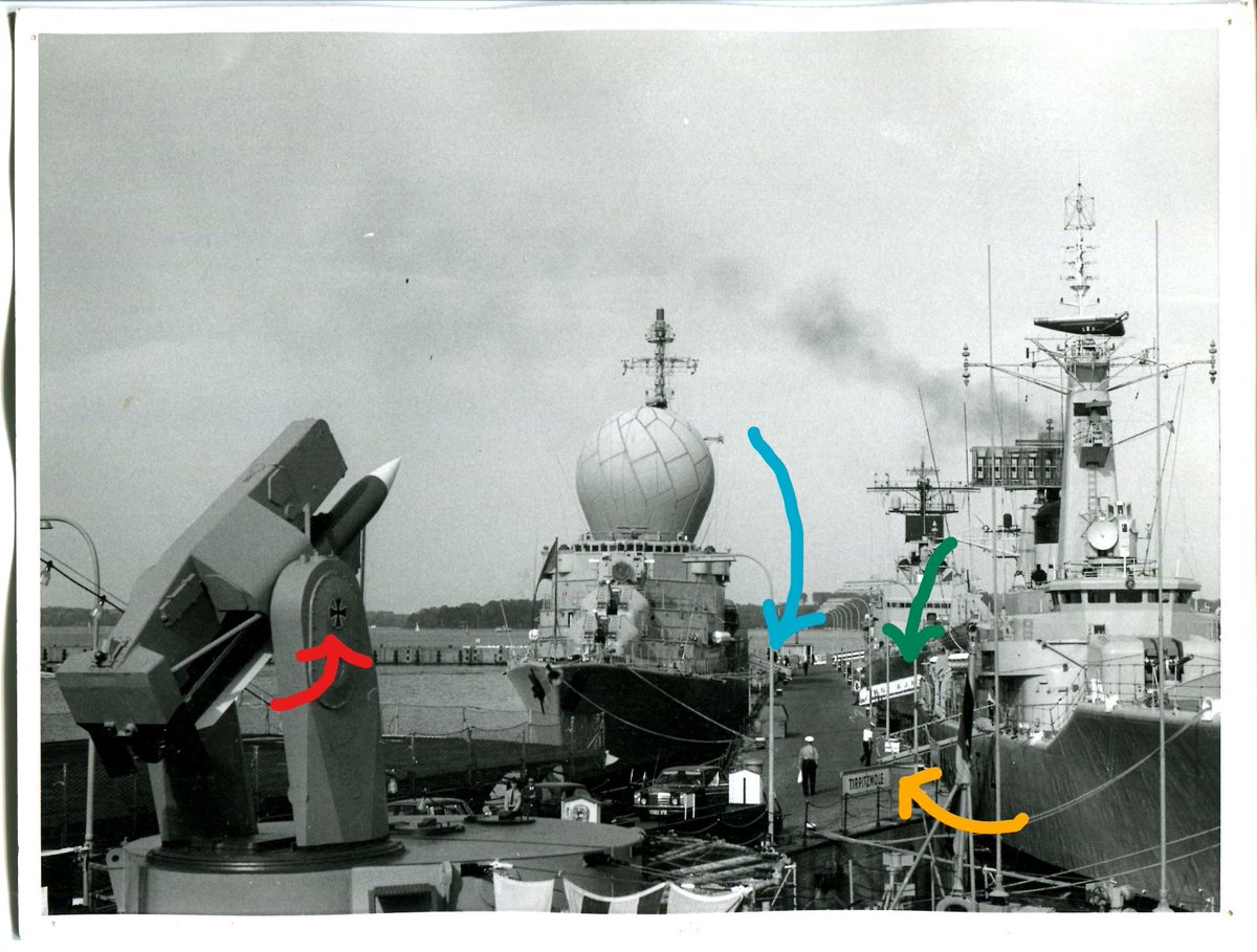 This #detectivework is for lazy detectives: Can't recognize a vessel straight off? Why not read its name&location on signs to find out these are the HMS AJAX & SUFFREN in Kiel? Then check out the emblem of the German navy, compare weaponry&times of service. Hey presto the ROMMEL!