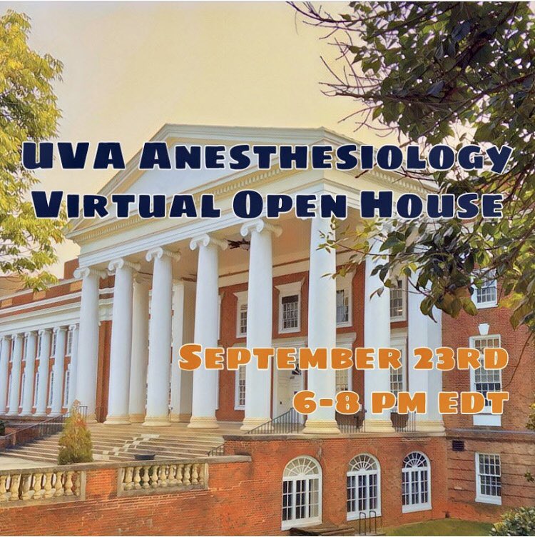 Want to learn more about @UVaAnesthesia’s #residency program? Our amazing chiefs are hosting a #virtual #OpenHouse Sept 23rd 6-8 pm. Email anesthesiology@virginia.edu to sign up. #MedStudent #MedStudentTwitter #Match2021 #AnesthMatch2021 #UVa #MS4 #anesthesiology
