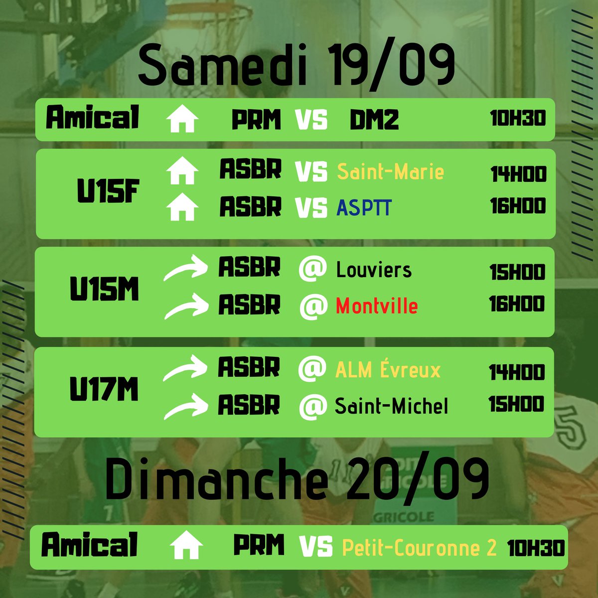 AsbrBasket's tweet photo. Match de ce week-end 🔥

⚠️ Démarrage des brassages régions jeunes ⚠️

- Les U15F jouent à domicile
- Les U15M jouent à Évreux Saint-Michel
- Les U17M jouent à l’ALM Évreux

Bon courage à eux 💪🏀 https://t.co/fj8cWrs9RL