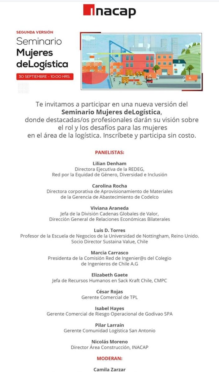 ColsaSAI's tweet image. 30 de septiembre 10:00 horas Seminario Mujeres deLogística. Expone Pilar Larraín, gerente de COLSA @Pilalarra @puertosantonio