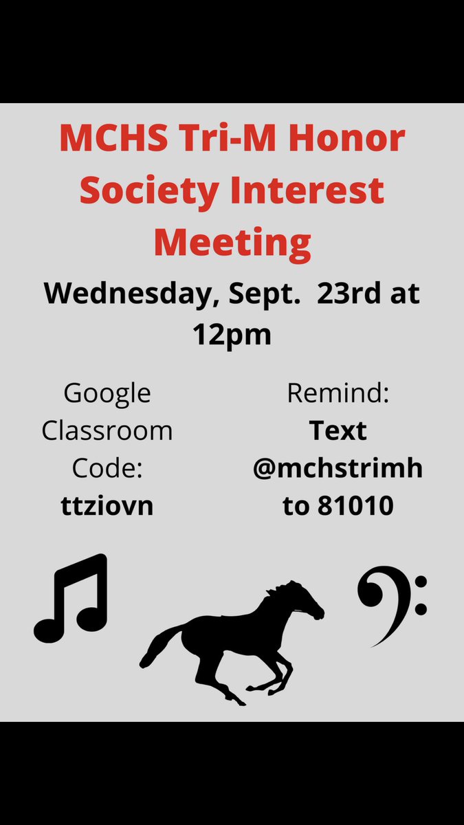 Interested in joining the MCHS Tri-M Music Honor Society? The Google Meet code will be sent out on Classroom and Remind. We hope to see you there!