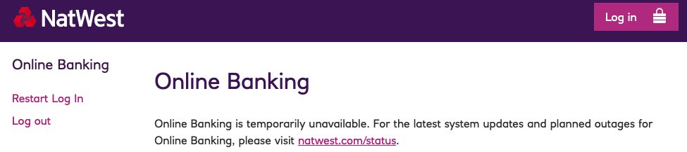 wynnedev's tweet image. Natwest... Also Natwest.... Do service status pages ever work properly? Incidentally, the mobile app is down too. 🤷‍♂️ #natwest #badtech