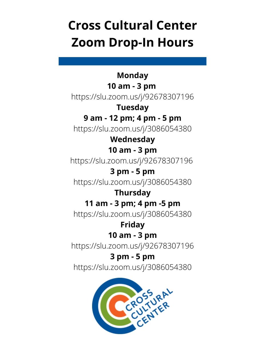 We also have zoom drop in times for whenever is convenient for you. Same hours just at home and at your convenience.