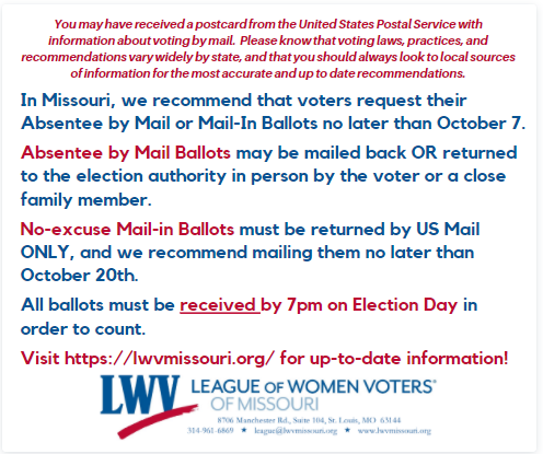 Did you get a postcard from the US Postal Service about requesting an absentee ballot? Here's better information for Missouri voters. #2020Election #MailInVoting #AbsenteeVoting