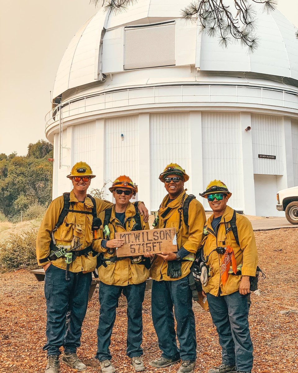 Heroes don’t wear capes. They wear personal protection equipment (PPE).  Firefighters from <a href="/MonroviaCA/">City of Monrovia</a> posing in front of the 60-inch telescope. Thank you for all you do!! #BobcatFire