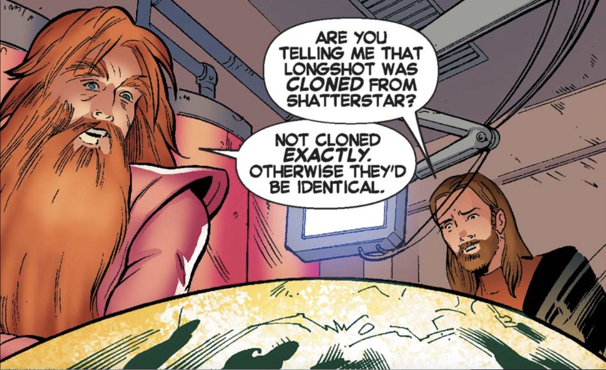 Dazzler and Longshot are Shatterstar’s parents but also because of time travel hijinks Longshot is a clone of Shatterstar. So… think about that.