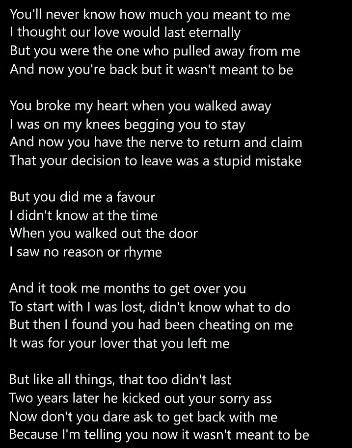 It Wasn't Meant To Be
#poetry #shortpoems #poetsoftwitter #poetscommunity #wasntmeanttobe #love #heartbreak #breakups #infidelity #neveragain #whentheexreturns #iwrotethis #writing #writersoftwitter #writingcommunity #creative #creativewriting #creativecommunity #soomanyhashtags https://t.co/0pNmSr2XEI