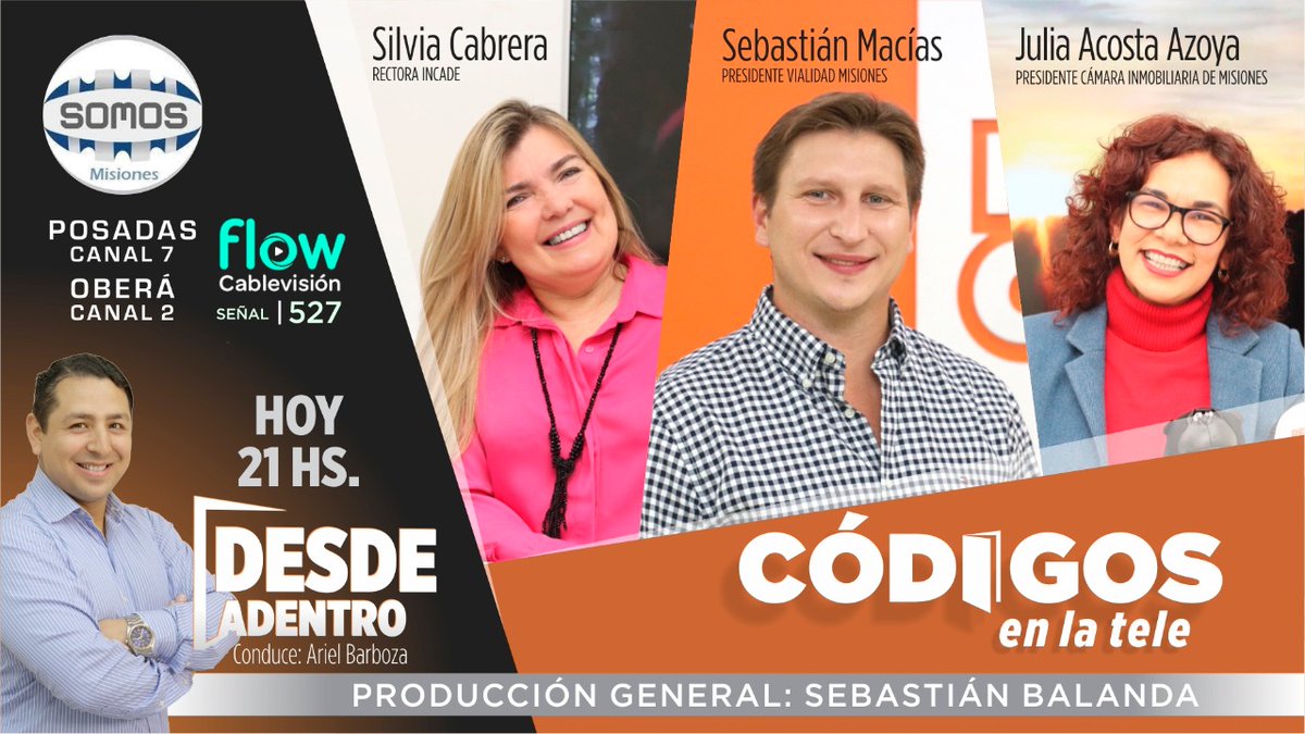 revistacodigos's tweet photo. 📌🔴HOY! nuevo programa de Códigos en la Tele📺, #DesdeAdentro 🚪

En esta edición nos visita el presidente de @VialidadMnes, @ing_sebamacias. Además entrevistamos a la titular de la @cim_camaraInmob, Julia Acosta. Y también hablaremos con la rectora del Incade, Silvia Cabrera. https://t.co/WDThoyTXGh