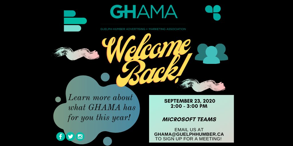 GHadvertising's tweet photo. Welcome back to a new school year!

If you're looking to get involved in our society, join us at this virtual meeting to meet this year's GHAMA executives and learn more about what we have to offer. 

Email us at ghama@guelphumber.ca to sign up for a meeting! https://t.co/8RTq1A5xbc