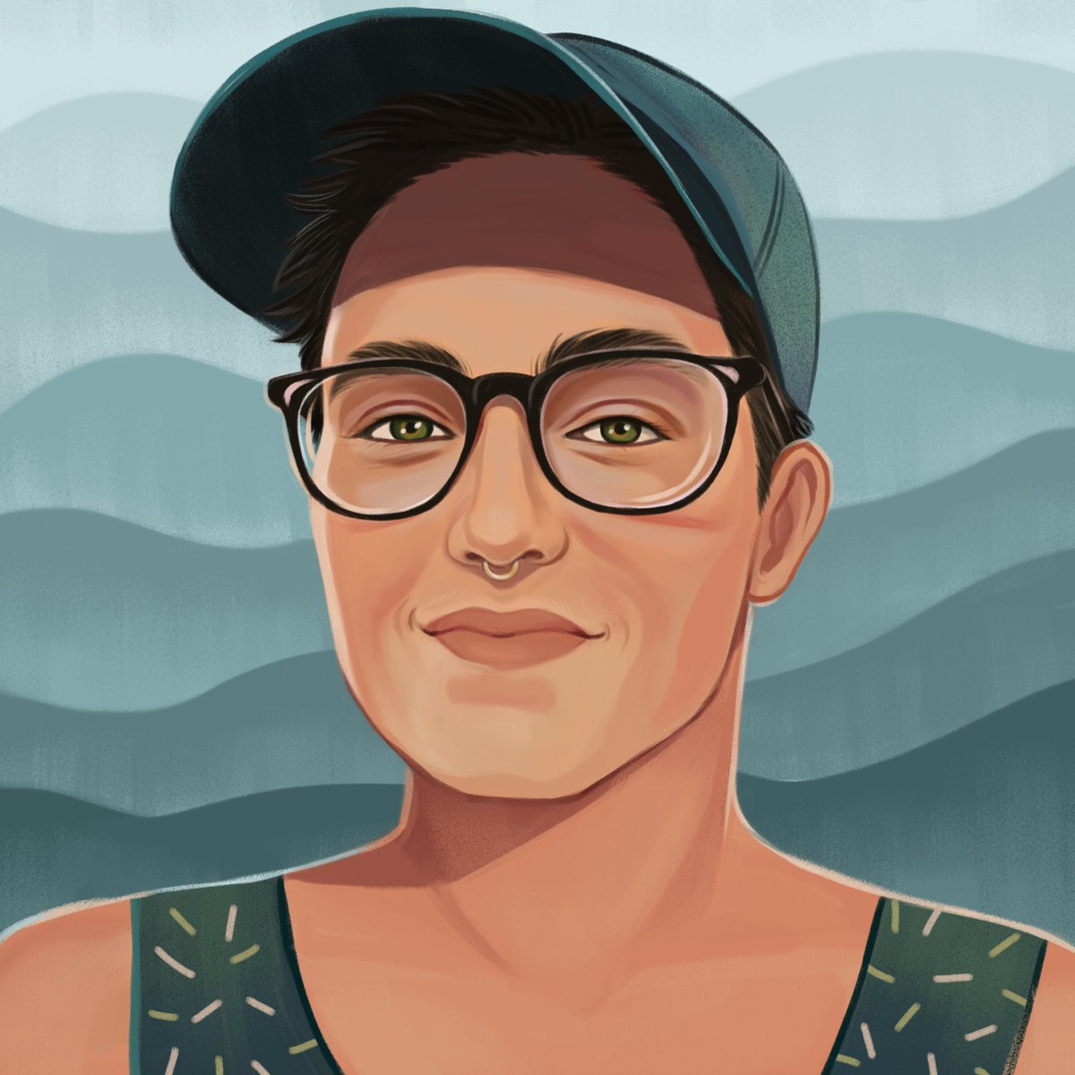 a photo-realistic illustrated headshot of tuck, complete with their thin-rimmed glasses and their small gold nose ring