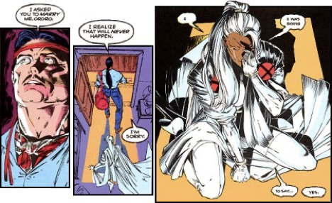 Forge proposed to Storm and she said she needed to think about it. Due to some Shakespearean misunderstandings and Destiny’s old prophecy about Mystique, he became convinced Storm would say no so he broke up with her. Storm planned to say yes.