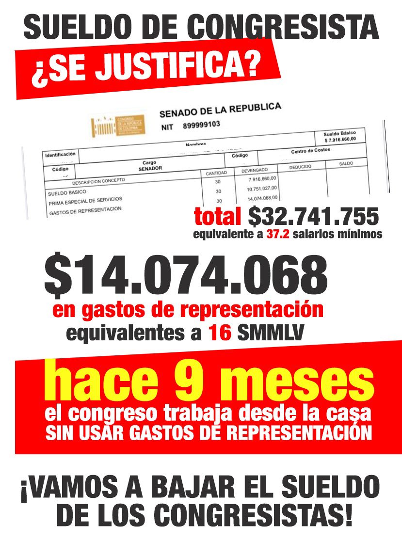 GustavoBolivar's tweet image. Llevamos 9 meses trabajando desde la casa. Nos estamos robando los gastos de representación.
Hoy en plenaria discutimos un artículo nuevo para que nos descuenten 14 millones mensuales.
¡Ayuda!
Volvamos TT esto #NoAGastosDeRepresentación