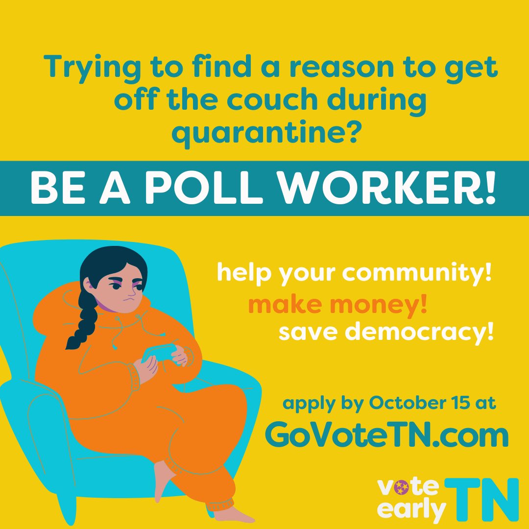 Want to make money? Support democracy? Help ensure a safe and fair election? Off the couch, friends! We’re encouraging everyone who’s able to become a poll worker. (Animal Crossing will still be there when you’re done. Promise.) Sign up here: GoVoteTN.com #VoteEarlyTN