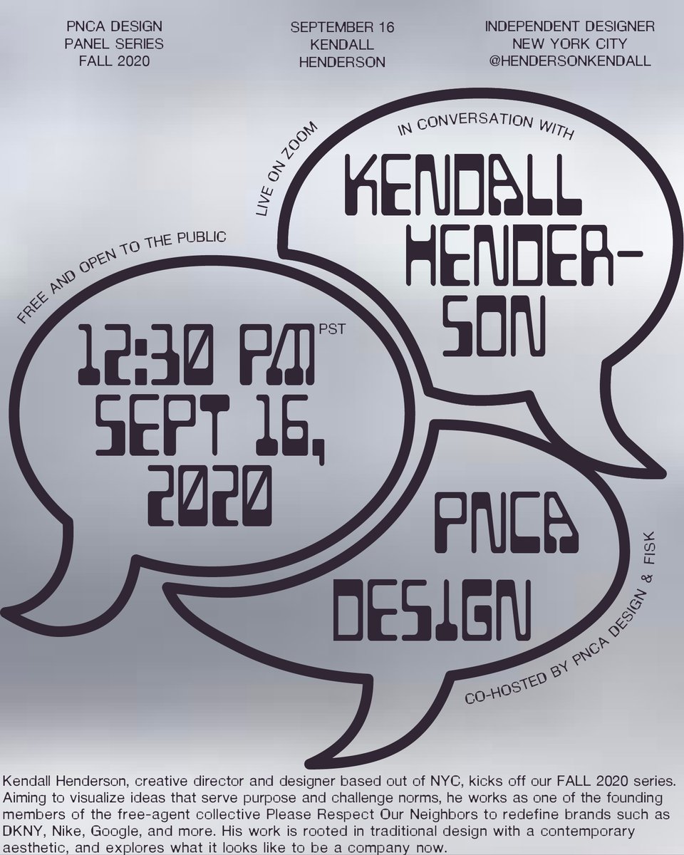 Design Portland (@designweekpdx) on Twitter photo The <a href="/PNCADesign/">PNCA Graphic Design</a> Panel Series welcomes design thinkers to share their work and what moves them. @HendersonKendal, creative director and designer based out of NYC, kicks off their fall 2020 series tonight!
…eries-kendallhenderson.eventbrite.com/?aff=designpor… The <a href="/PNCADesign/">PNCA Graphic Design</a> Panel Series welcomes design thinkers to share their work and what moves them. @HendersonKendal, creative director and designer based out of NYC, kicks off their fall 2020 series tonight!
…eries-kendallhenderson.eventbrite.com/?aff=designpor…