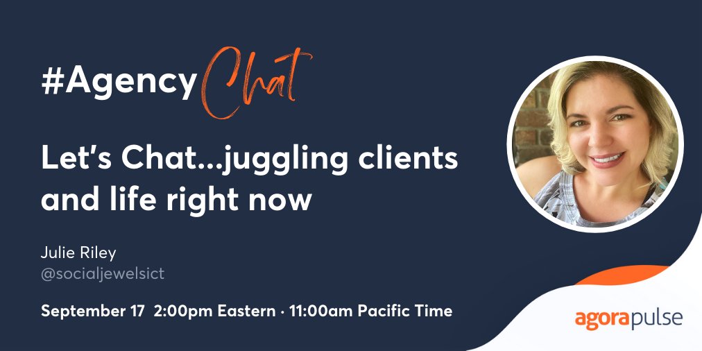 Excited to have agency owner Julie Riley @socialjewelsict from <a href="/depict_media/">Depict Media #SMMW20</a> joining us TOMORROW 11:00am Pacific • 2:00pm Eastern for #AgencyChat!