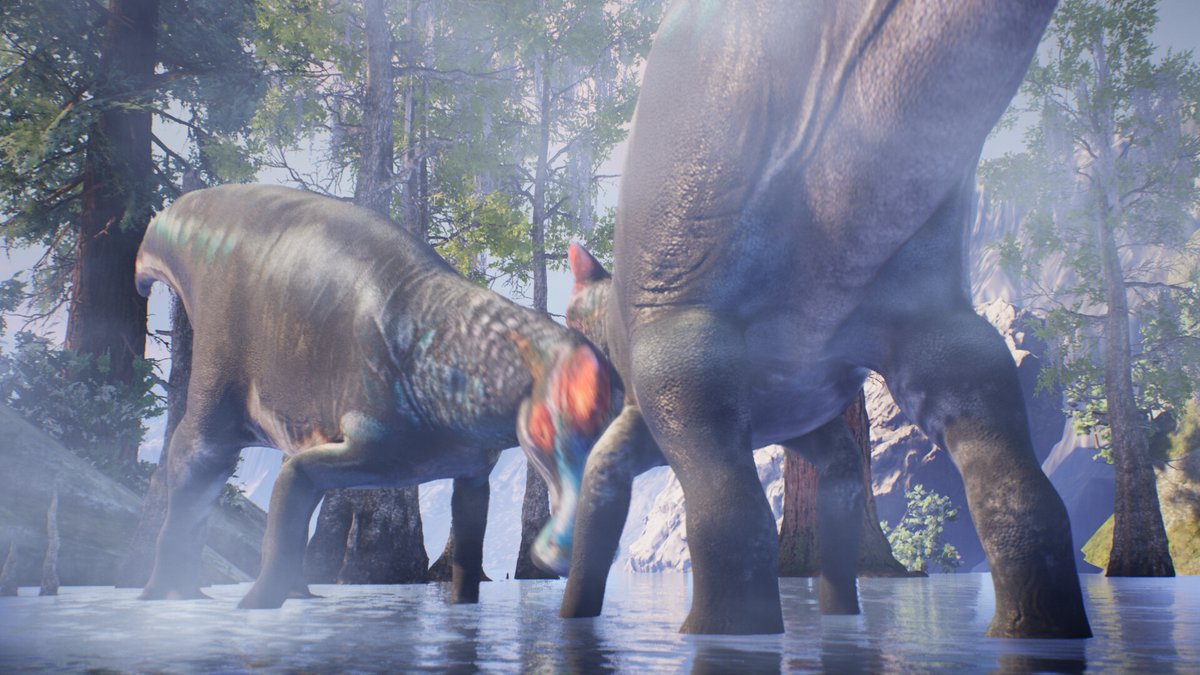 ManucciFabio's tweet photo. A less bucolic scene shows an intraspecific competition between two #Edmontosaurus, it was probably a quite common situation. It's partly based on #paleopathologies found in some hadrosaur specimens, including a #Gryposaurus studied by the friend and researcher @Paleofolk https://t.co/UvIm5a8pau