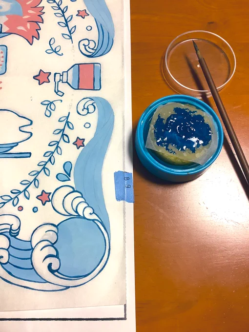 アクリル絵の具だけだと、滲んで和紙に絵が書けないから、メディウム混ぜて使ってるんだけど、メディウムが乾くの早くて描きにくいって言ったら、旦那さんがウォーターパレットっていうの教えてくれた。凄い、絵の具全然乾かない〜!プラモ界では割とやってる人多いんだって。ほほー。 