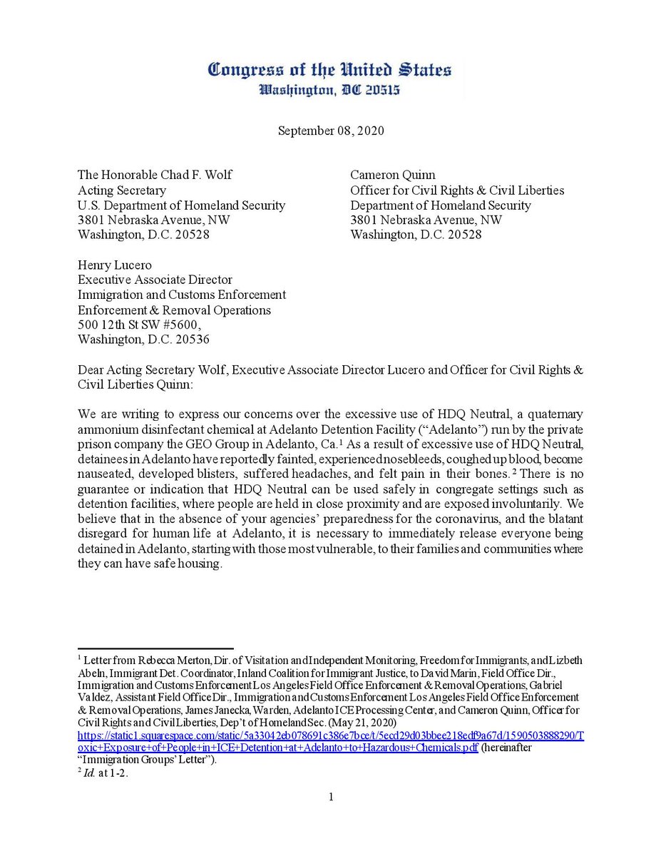 Rep.  @NydiaVelazquez & 26 lawmakers penned a letter calling for the ONLY solution to this public health crisis: for ICE to immediately stop use of toxic chemicals in its facilities, to free everyone from  #Adelanto, to halt plans for expansion, and to take steps to  #FreeThemAll