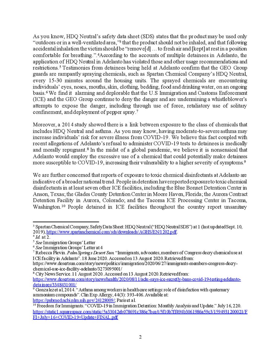 Rep.  @NydiaVelazquez & 26 lawmakers penned a letter calling for the ONLY solution to this public health crisis: for ICE to immediately stop use of toxic chemicals in its facilities, to free everyone from  #Adelanto, to halt plans for expansion, and to take steps to  #FreeThemAll