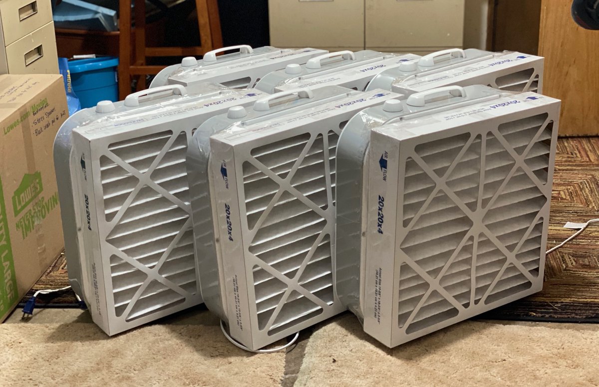 Six more box fan + MERV-13 filters (these for our kid's school). Layered mitigation efforts matter for COVID: social distancing, masks, increase ventilation, reduce indoor time with others, improve particle filtration ↓↓↓.(1/2)