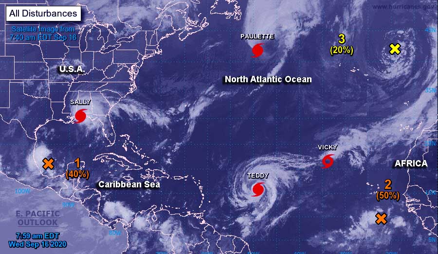 North Atlantic - 4 Named Storms, 3 Developing Systems

The National Hurricane Center is issuing advisories on hurricanes Paulette, Sally, and Teddy, and Tropical Storm Vicky. They are watching 3 other systems for development. NOAA's GOES-East captured all 7.

Credit: NOAA