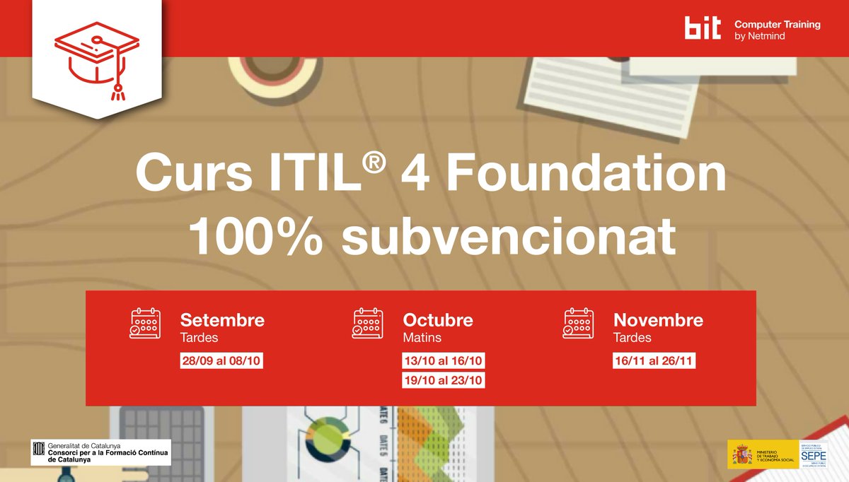 bitctraining's tweet image. Cursos d&apos; #ITIL® 4 Foundation 100% subvencionats!💥

Oferim fins a 4 convocatòries de matins i/o tardes en modalitat #virtual.

Aprofita aquesta oportunitat única i reserva la teva plaça ara!👉 lnkd.in/dGJjkEt