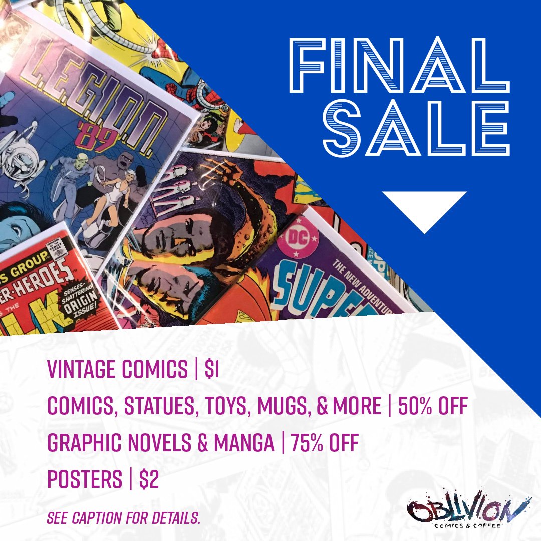 OblivionComics's tweet photo. 💥FINAL SALE💥⁣

NOTE:
- Card payments only.
- Masks are required.
- We are no longer booking shopping appointments.
- Our online shop is now offline.⁣
- Oblivion Teespring merch is available through 9/30. Use "ThankYou20" for 20% off.

#finalsale #closingsale #comicbooks https://t.co/yFc268w0iQ