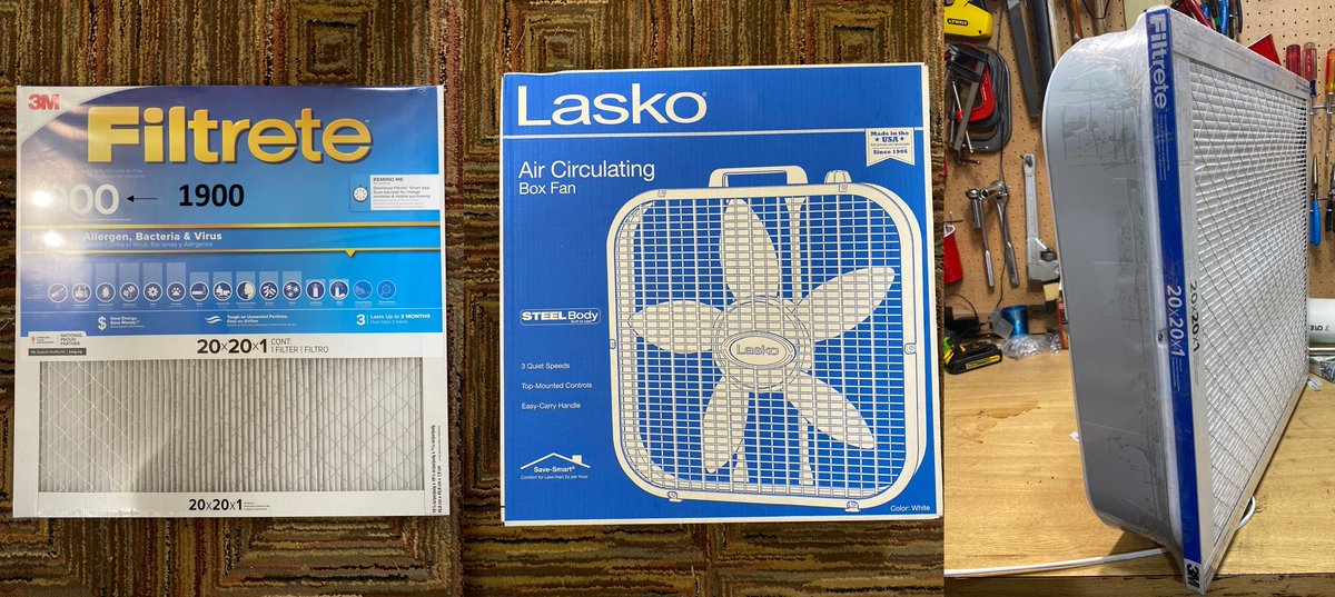 FYI: Box fans I used ↓ (~$20/ea) were only 20" square fans local in Denver ( @HomeDepot). Also built some with 1" thick filters, but only local 20x20 local MERV-13 filters (below) were  @Lowes. I sealed mine well with 2" tape. [No 4" filters locally, got from  @JimRosenthal4] (2/2)