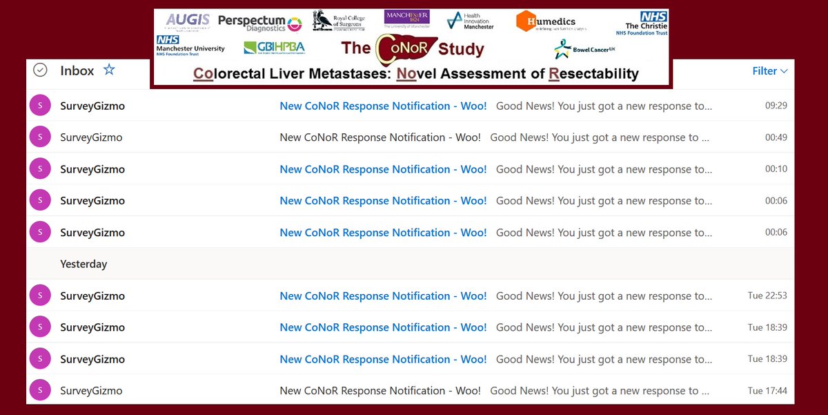 CoNoR Study (@conor_study) on Twitter photo Thank you to all who've completed the <a href="/Augishealth/">AUGIS</a>
<a href="/GBIHPBAnews/">GBIHPBA</a> & <a href="/bowelcanceruk/">Bowel Cancer UK</a> supported <a href="/CoNoR_Study/">CoNoR Study</a> survey so far. Love receiving these Emails!
HPB surgeons involved in CLM resectability decision-making(consultants & trainees): please complete below:
surveygizmo.com/s3/5438921/CoN… Thank you to all who've completed the <a href="/Augishealth/">AUGIS</a>
<a href="/GBIHPBAnews/">GBIHPBA</a> & <a href="/bowelcanceruk/">Bowel Cancer UK</a> supported <a href="/CoNoR_Study/">CoNoR Study</a> survey so far. Love receiving these Emails!
HPB surgeons involved in CLM resectability decision-making(consultants & trainees): please complete below:
surveygizmo.com/s3/5438921/CoN…
