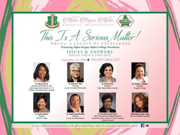 TUNE IN TONIGHT 7 PM EDT/6 PM CDT for the Virtual Forum and Town Hall "HBCUs A LEGACY OF EXCELLENCE" featuring our dynamic Alpha Kappa Alpha College Presidents. Event will be moderated by Media Personality and AKA member, Star Jones on YouTube &amp; Facebook. #AKA1908 #HBCUforLife