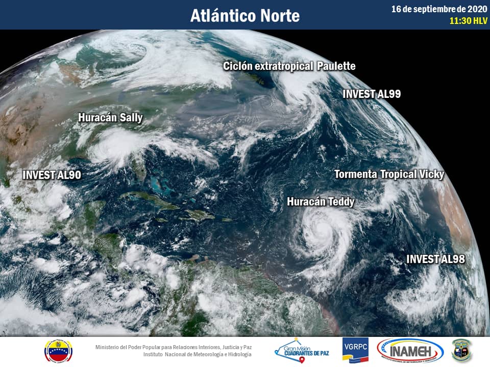 #16Sep #INAMEHInforma El Atlántico Norte con el Ciclón extratropical Paulette, los Huracanes Sally y Teddy, la Tormenta Tropical Vicky y tres áreas en investigación #Reporte 11:30 HLV.
.
.
<a href="/tutiempopereira/">Jose Ramon Pereira</a> <a href="/NestorLReverol/">Néstor Reverol</a> <a href="/NicolasMaduro/">Nicolás Maduro</a> #SaludYEducacionEnCasa