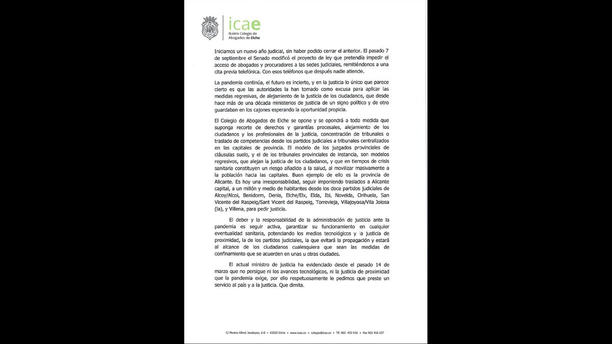 ICAElche's tweet photo. ℹ️El Ilustre Colegio de Abogados de Elche se pronuncia sobre la gestión de la justicia durante los últimos meses. 📢#COVID19 #Campodimision @Abogacia_es @CVCA_Abogacia @vpascual2012 @ICAElche https://t.co/cJslF6U1Nc