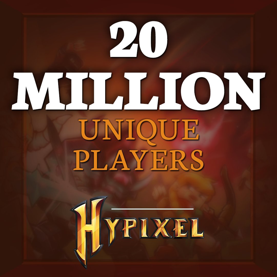 Congratulations everyone! The Hypixel Server has had 20 MILLION unique players join the server! This literally couldn't be done without you, so thank you for playing with us here at Hypixel! 🥳