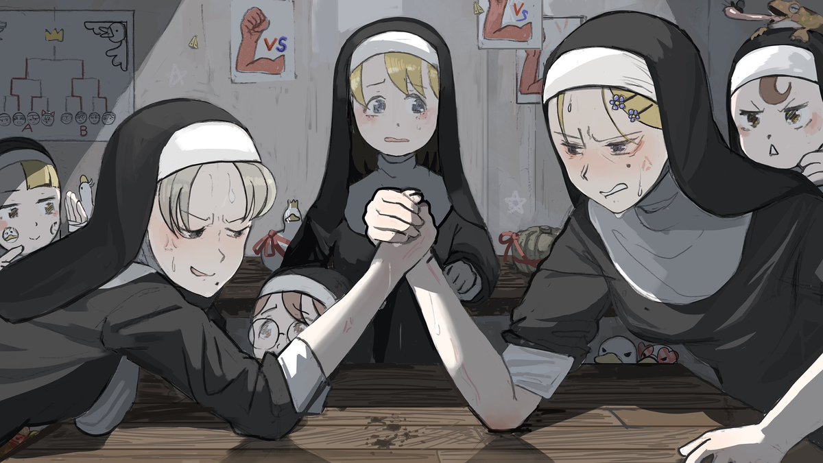 clumsy nun (diva) ,froggy nun (diva) ,spicy nun (diva) mole multiple girls catholic chicken nun blonde hair habit  illustration images