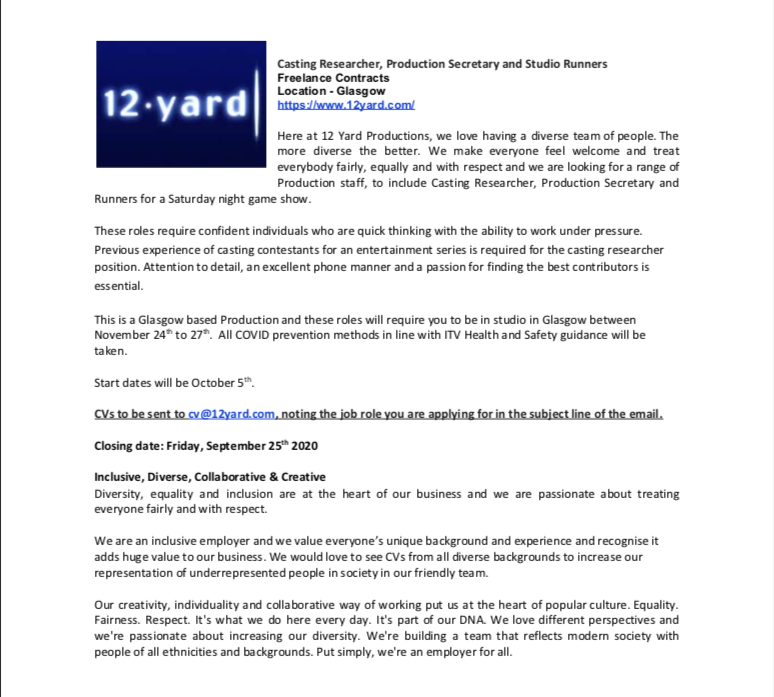 ITVCareers's tweet photo. 12 Yard are looking for a Casting Researcher, Production Secretary and Studio Runners!

Please email your CV to cv@12yard.com, noting the job role you are applying for in the subject line of the email. https://t.co/DmOHy2OTc8