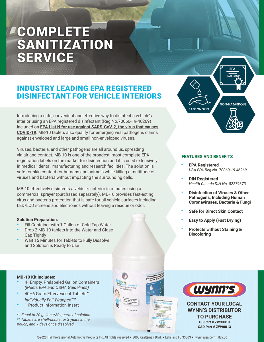 WynnsUSA's tweet photo. Wynn’s is proud to announce the launch of our complete vehicle disinfection service with MB-10 Tablets!
This EPA registered disinfectant product for vehicle interiors is a safe way to ensure that your vehicle is free of viruses and pathogens.
#WynnsUSA #ProtectDontNeglect https://t.co/B7tr3s1074
