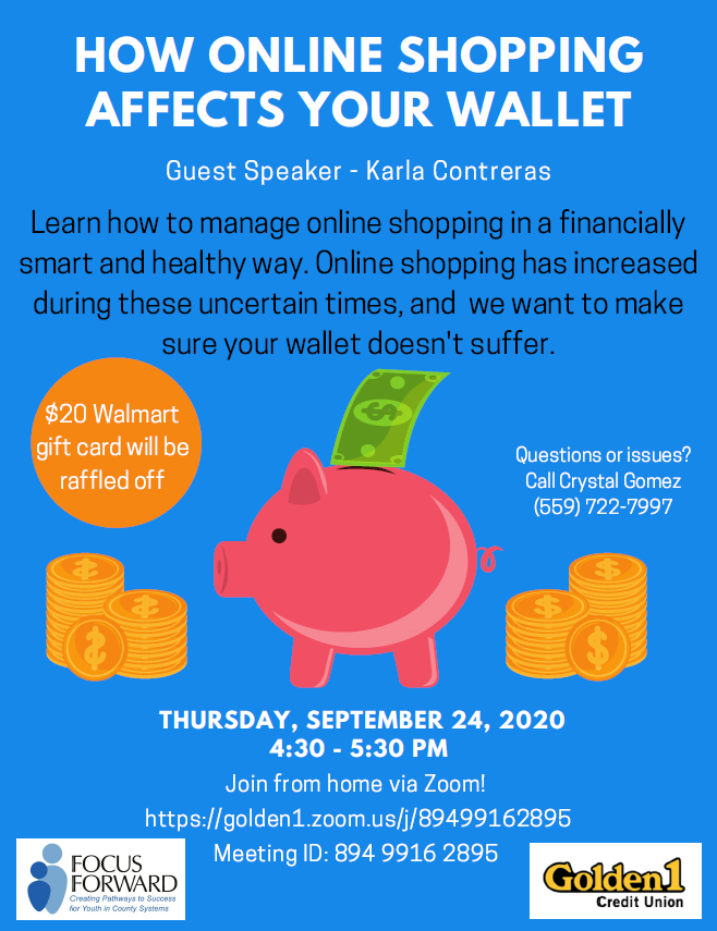 FocusForward559's tweet photo. Join us on Thursday, September 24 at 4:30 pm for How Online Shopping Affects Your Wallet with Guest Speaker Karla Contreras. Learn how to manage online shopping in a finacially smart and healthy way. Direct link to the meeting: https://t.co/HyLXPKwdVL https://t.co/3yUGXWMUZv