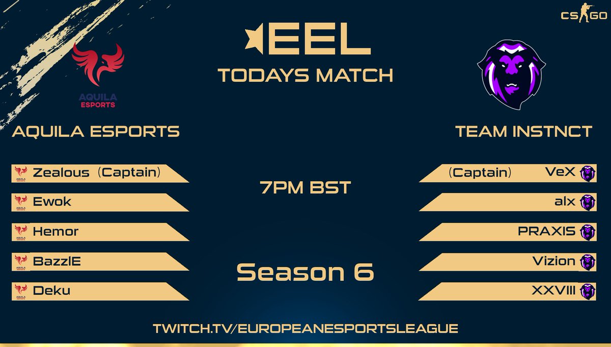 [#EEL]

Tonight we have <a href="/AquilaCSGO/">Aquila</a> taking on @TeamINSTNCT 

🕰️7PM BST

📺twitch.tv/europeanesport…

🎙️<a href="/EU_ReTr00/">Ryan “ReTr00” Bernard</a> &amp; <a href="/DIRTYmasterChef/">DIRTYmasterchief</a>

GLHF!

#esports #csgo #twitch
