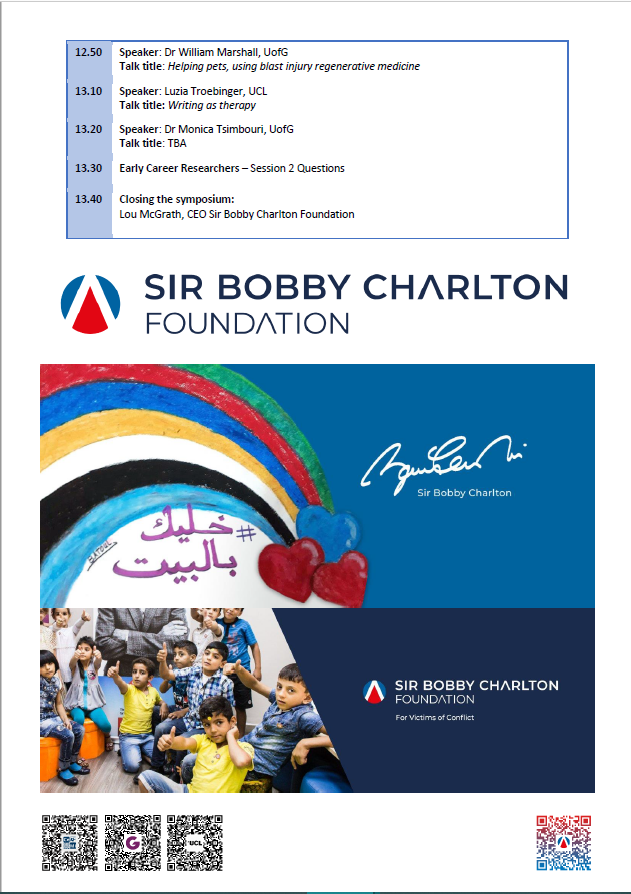 UCL_SBCF's tweet photo. JOIN IN FOR FREE on Oct 7th! For our half-day virtual showcase of the exciting and diverse research of @theglasgowcemi and @UCL_SBCF supported by the Sir Bobby Charlton Foundation in helping those living with conflict and trauma >>> https://t.co/CEksicKQ8D https://t.co/V1pfvk3IsT