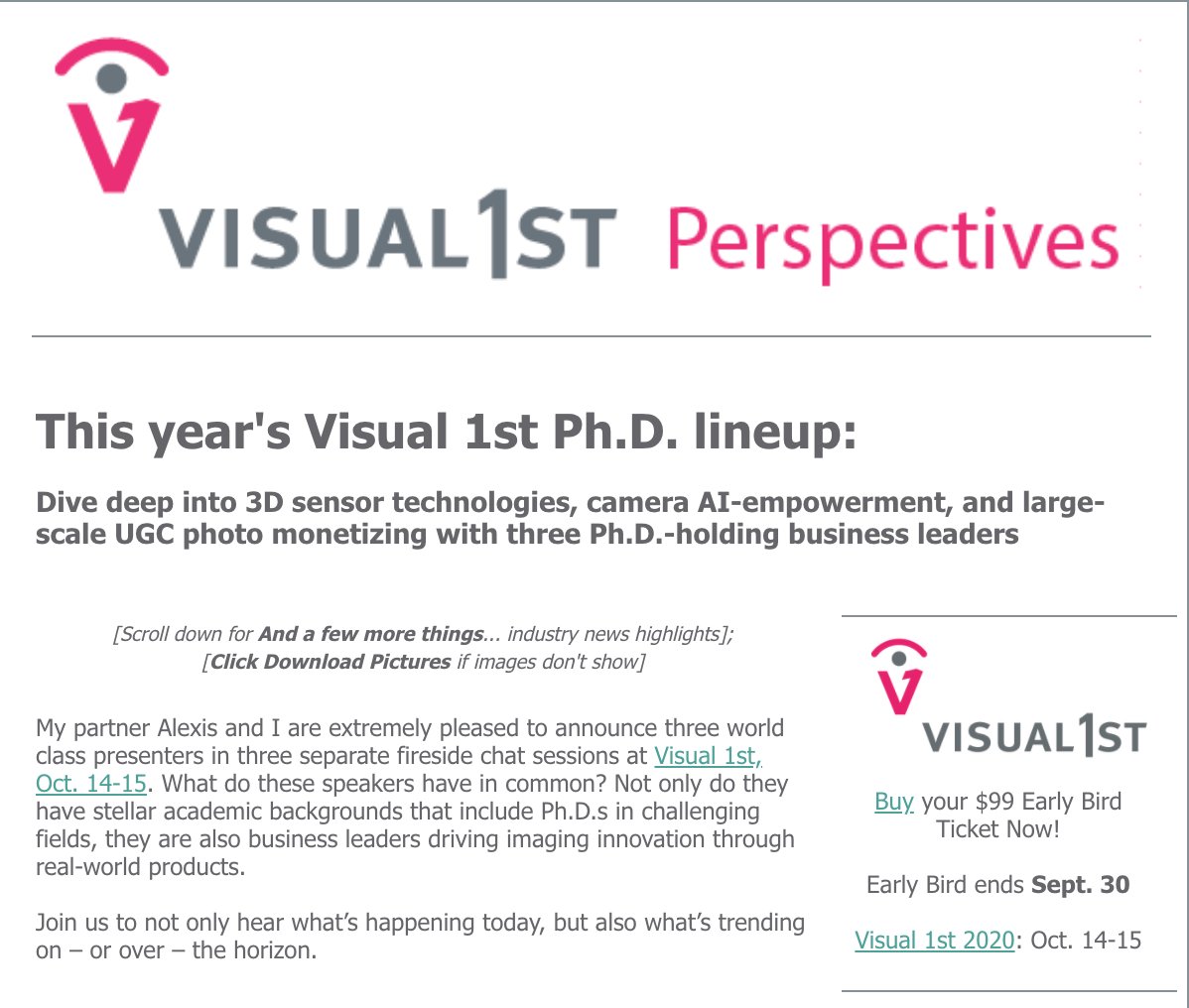 3 Ph.D.s in three fireside chat sessions at Visual 1st this year! Not only do they have stellar academic backgrounds that include Ph.D.s in challenging fields, they are also business leaders driving imaging innovation through real-world products. conta.cc/3iBDLOb